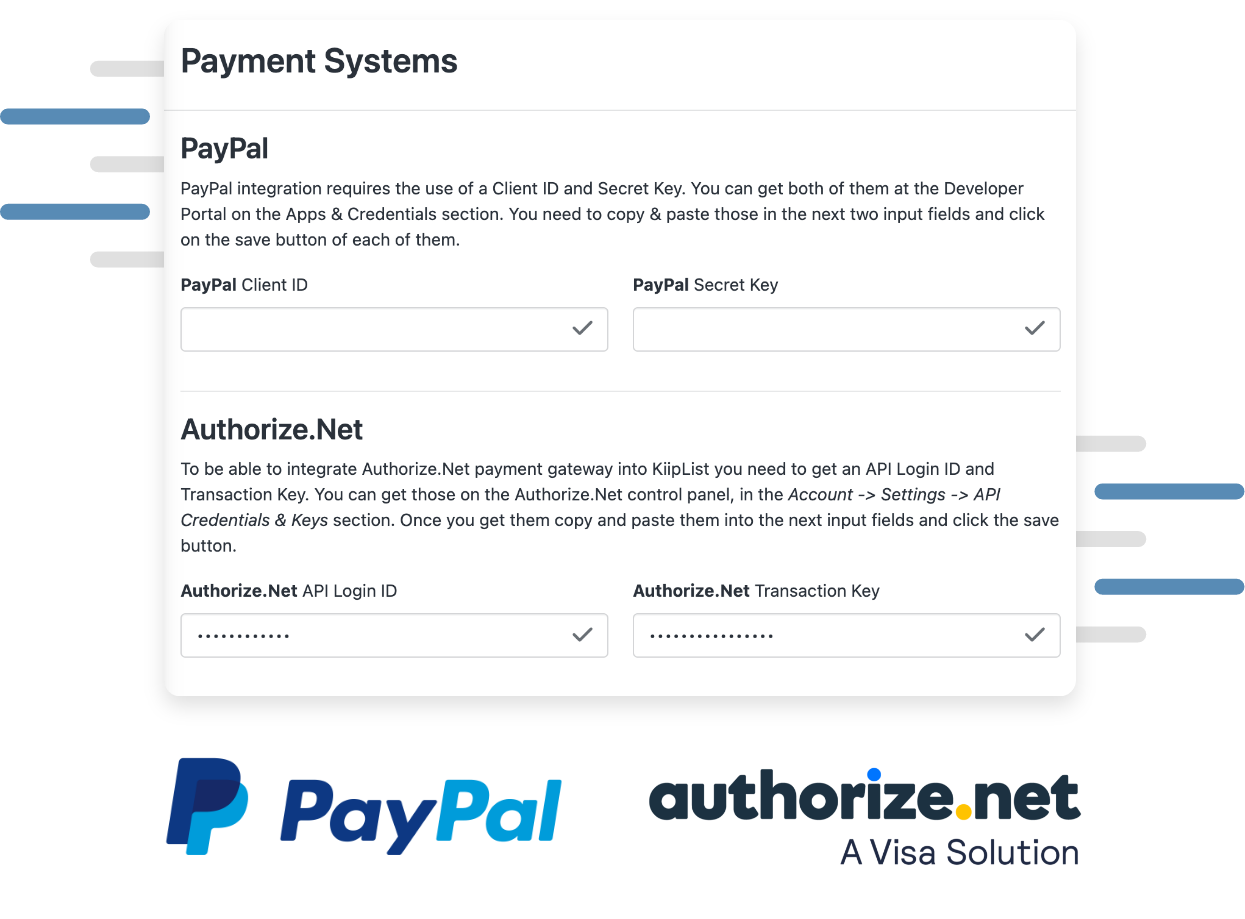 Payment systems view. PayPal logo. Authorize.net logo.